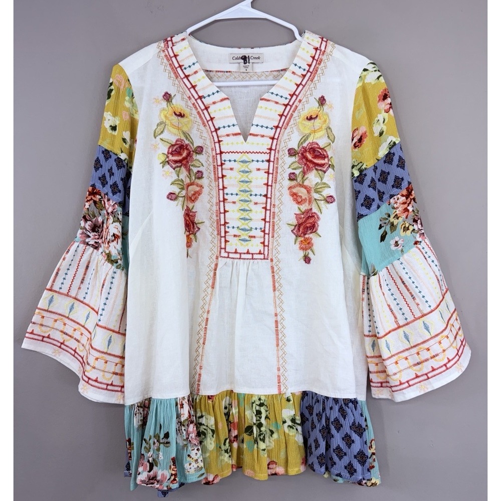 Coldwater Creek Top Blouse Women's Small Peasant Boho Embroidered Floral